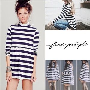 EUC Free People We The Free Mod About It Navy Striped Babydoll Mock Neck Top